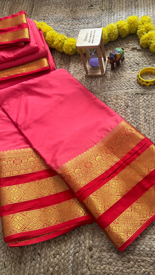 Semi Silk Saree - Peach and Red