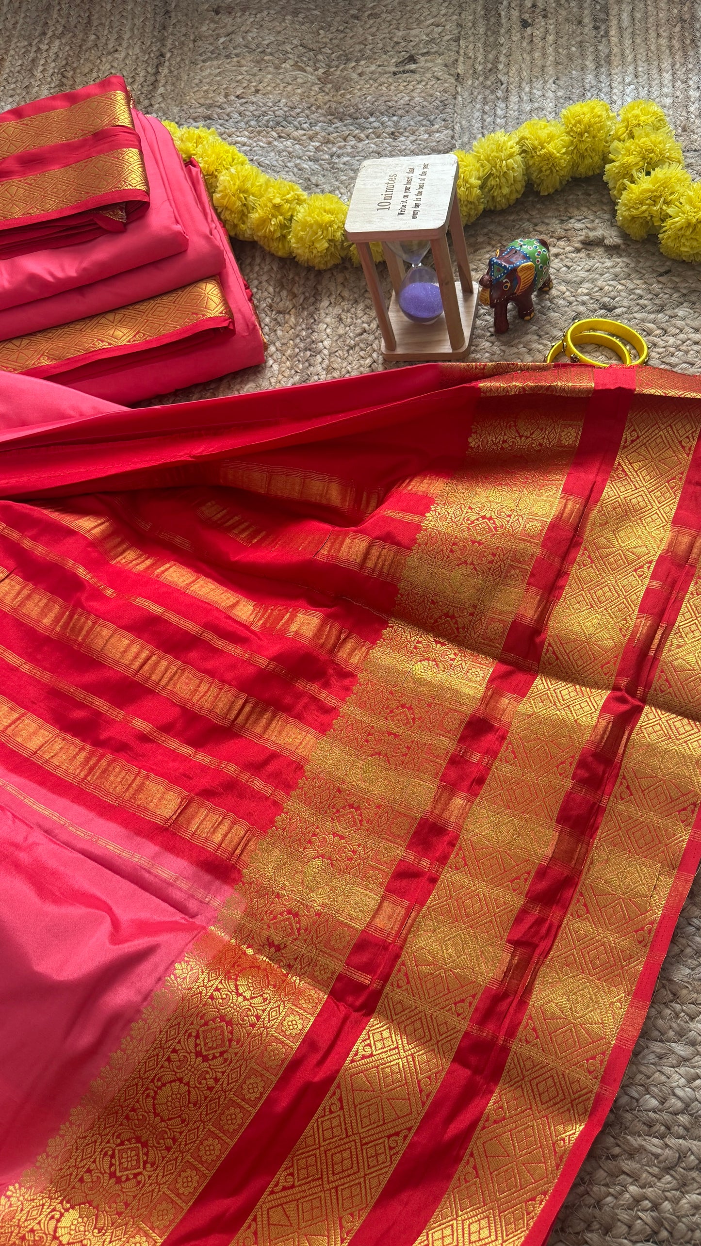 Semi Silk Saree - Peach and Red