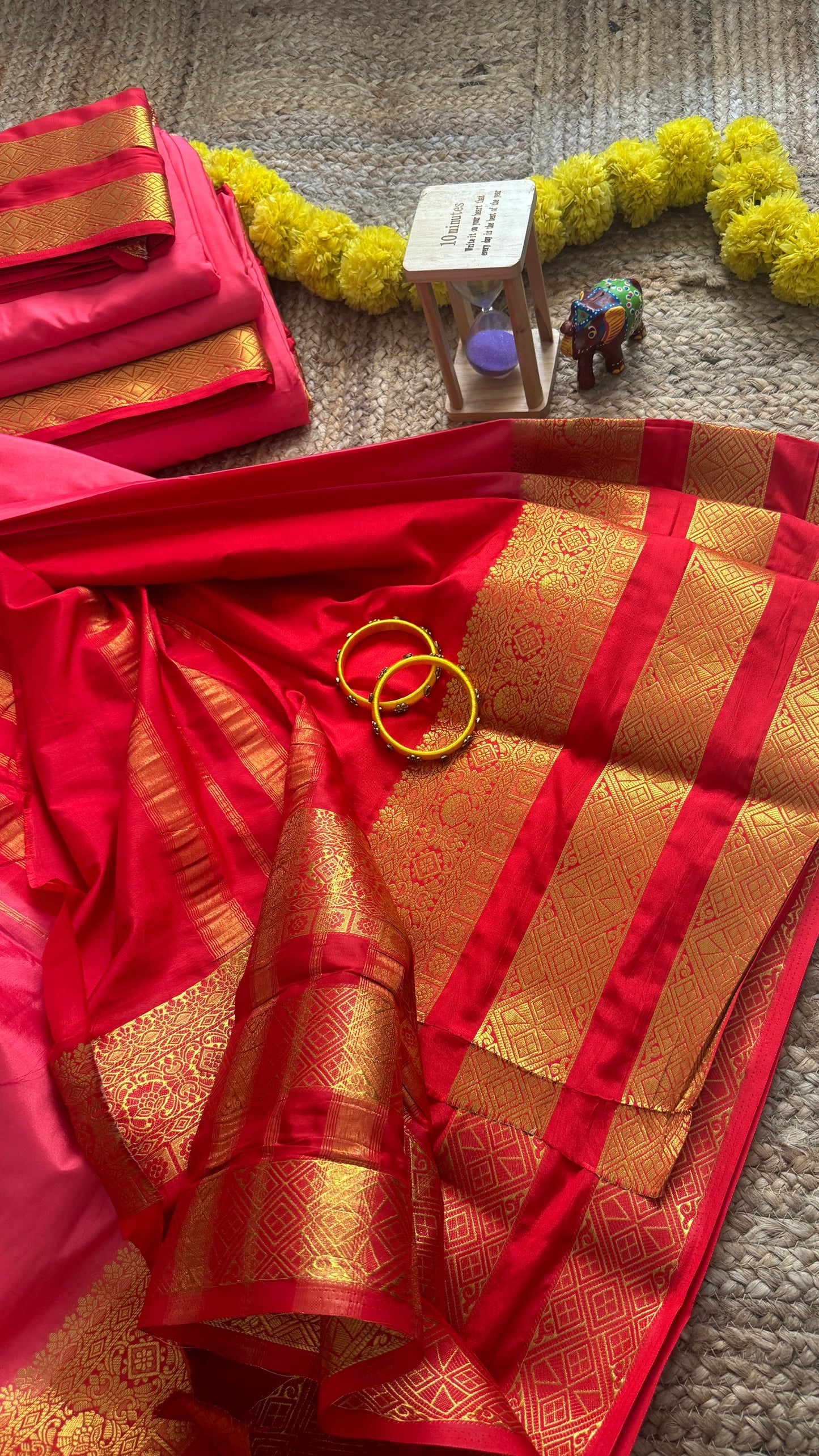 Semi Silk Saree - Peach and Red