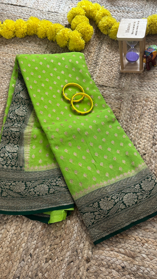 Khaddi Georgette - Parrot Green and Dark Green