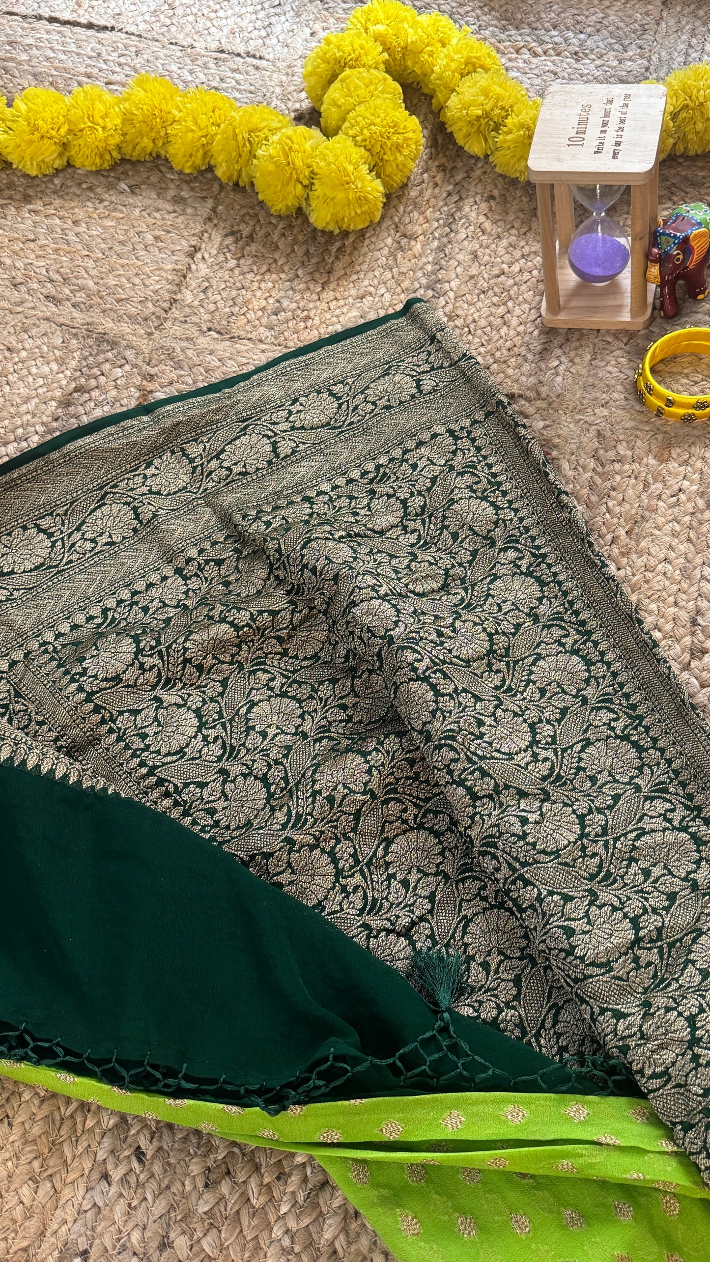Khaddi Georgette - Parrot Green and Dark Green