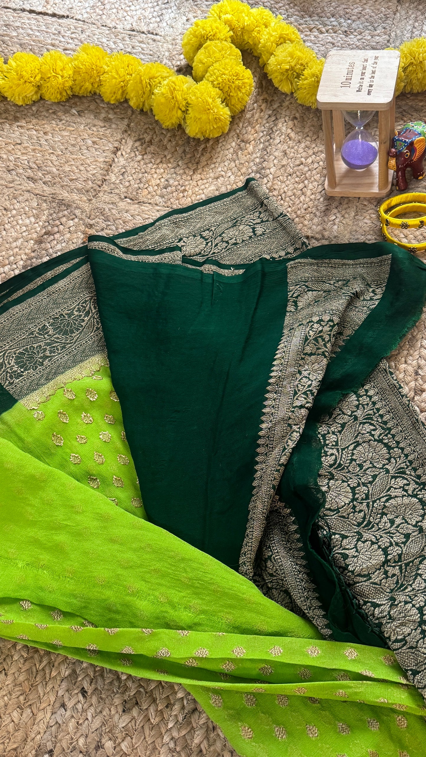 Khaddi Georgette - Parrot Green and Dark Green