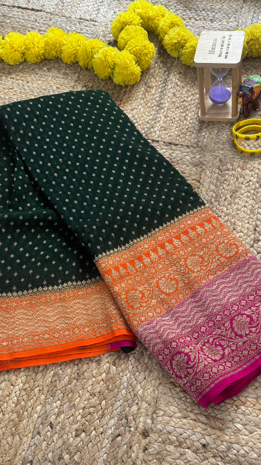 Khaddi Georgette - Green Orange and Pink