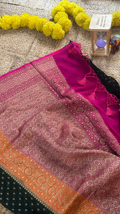 Khaddi Georgette - Green Orange and Pink