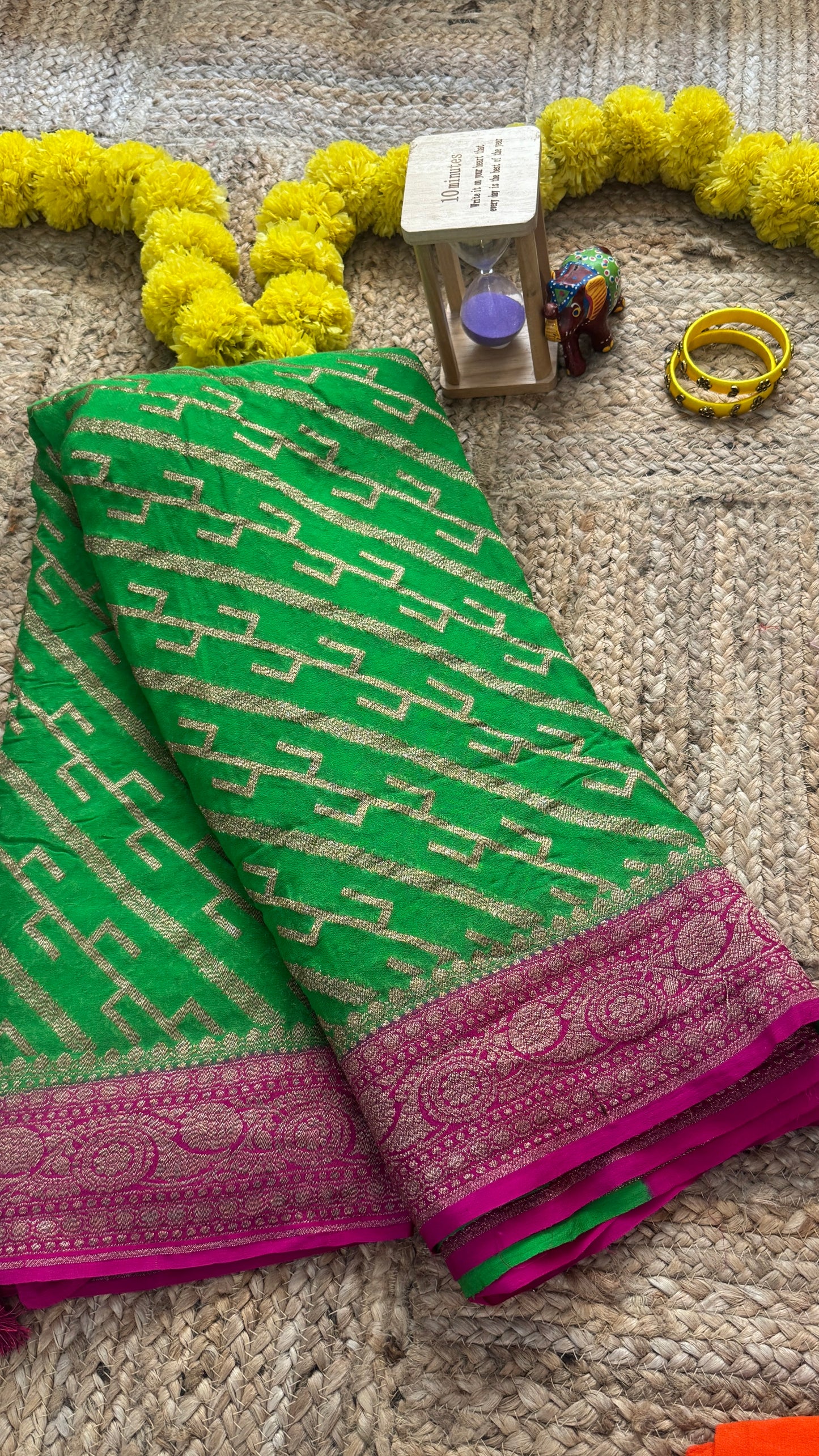 Khaddi Georgette - Green and Pink