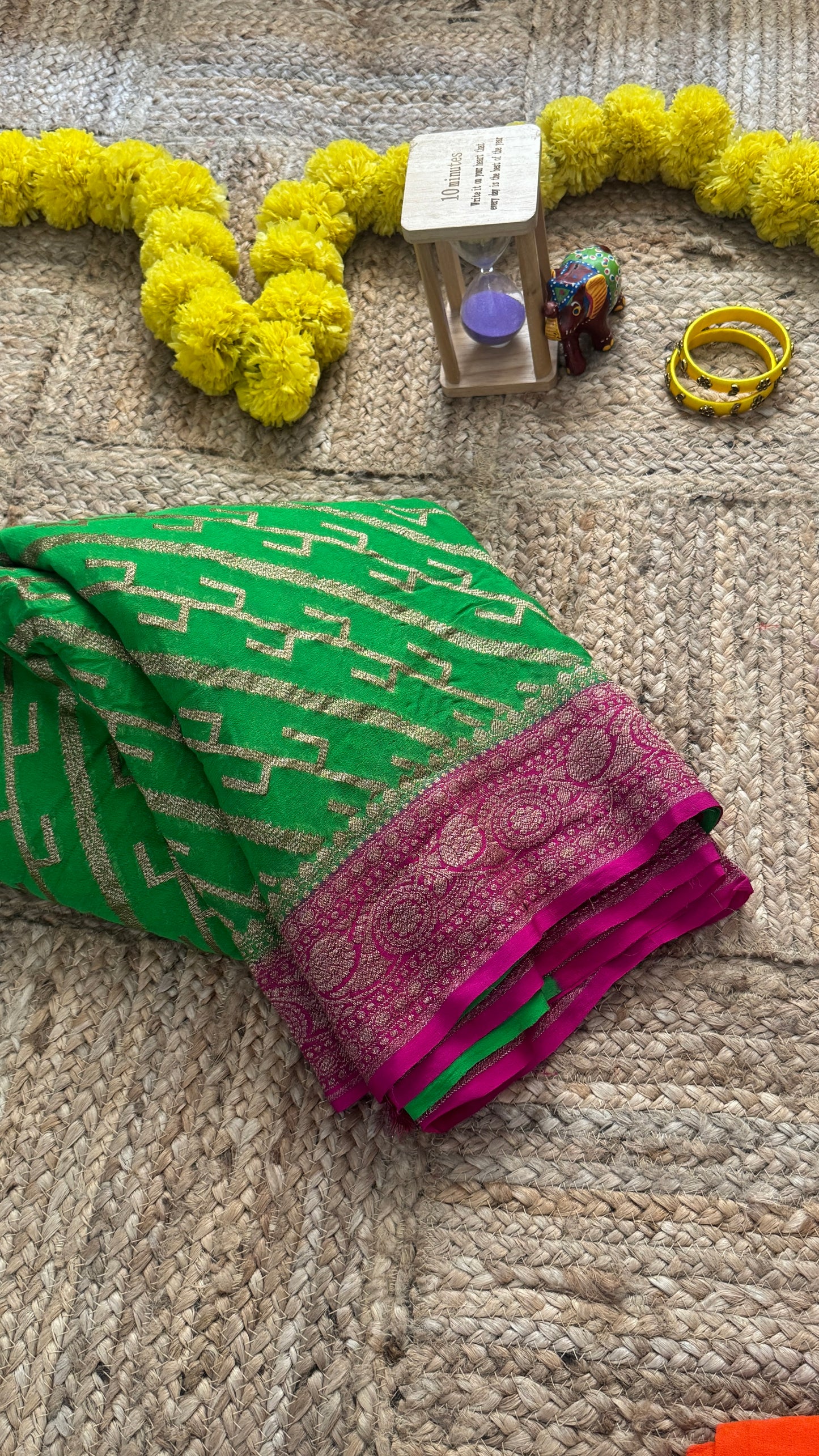 Khaddi Georgette - Green and Pink