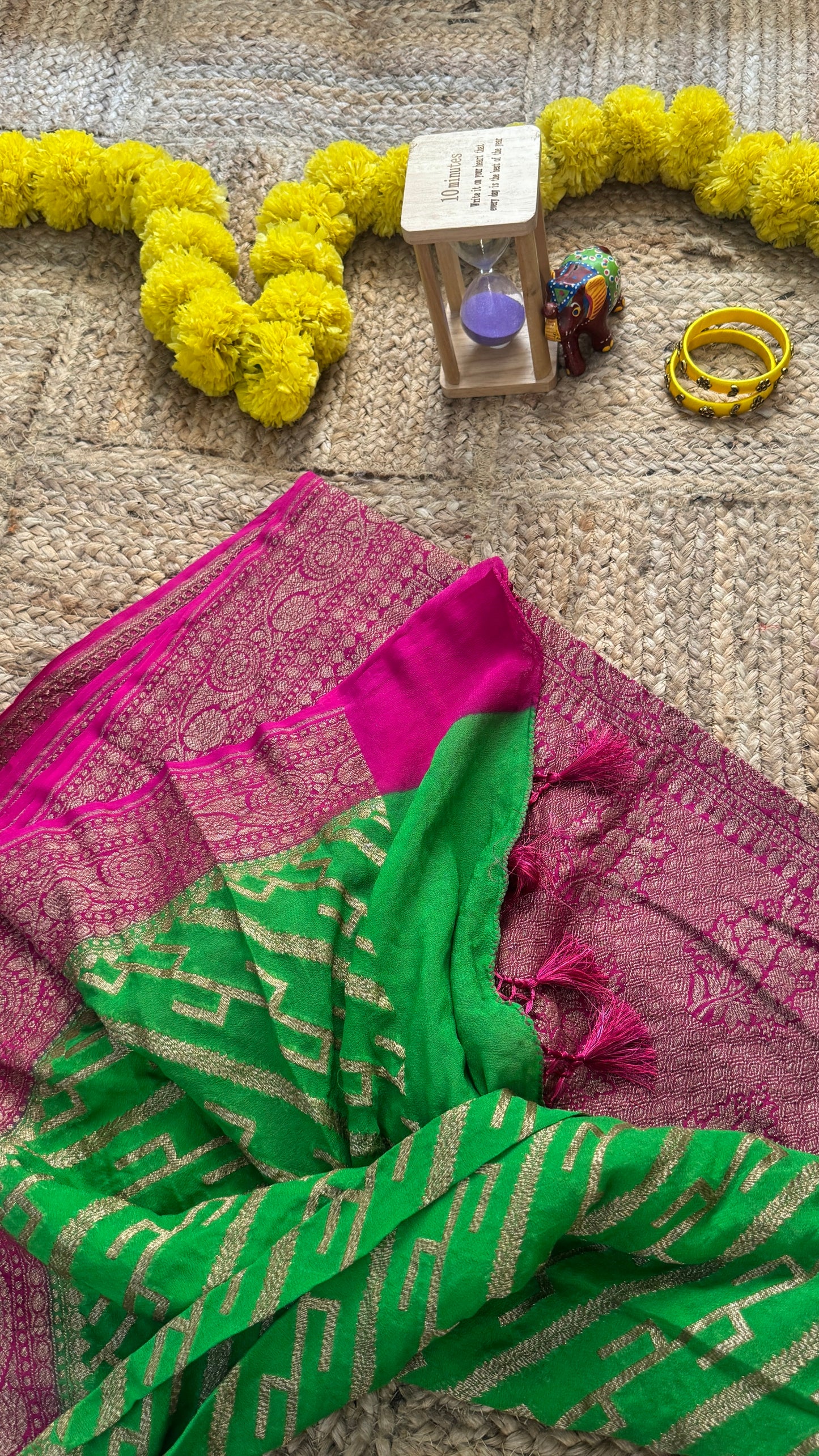 Khaddi Georgette - Green and Pink