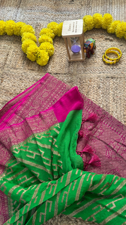 Khaddi Georgette - Green and Pink