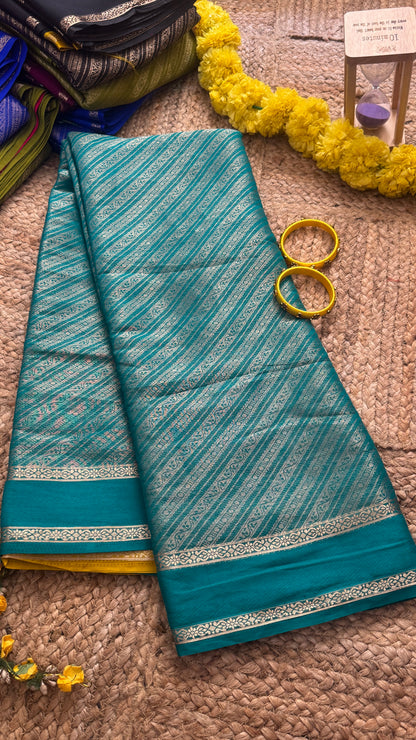 Brocade Sarees  with Contrast Blouse - Turquoise and Mustard
