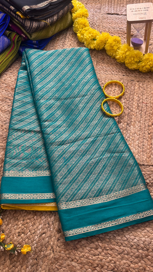 Brocade Sarees  with Contrast Blouse - Turquoise and Mustard