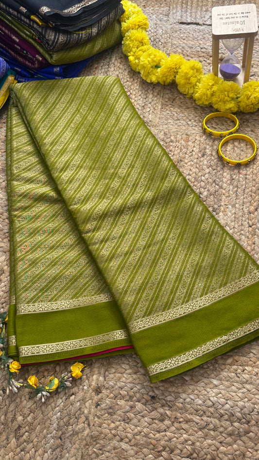 Brocade Sarees  with Contrast Blouse - Olive Green and Pink
