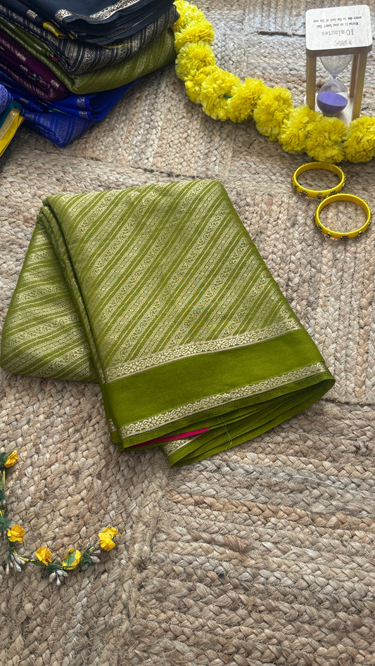 Brocade Sarees  with Contrast Blouse - Olive Green and Pink