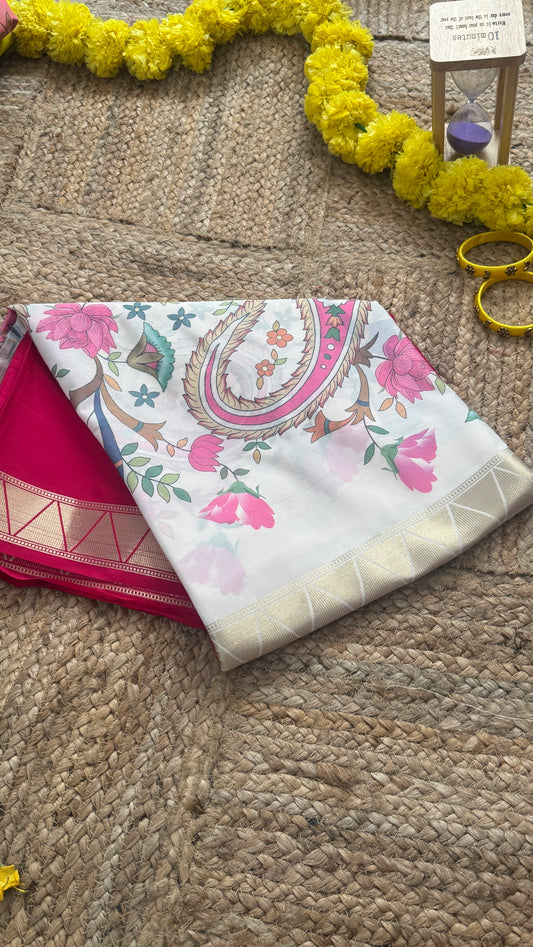 Kalamakari Pink & Off white Silk Saree