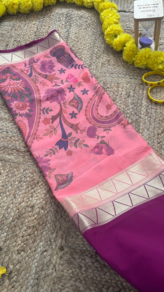 Kalamakari Maroon & Baby Pink  Silk Saree