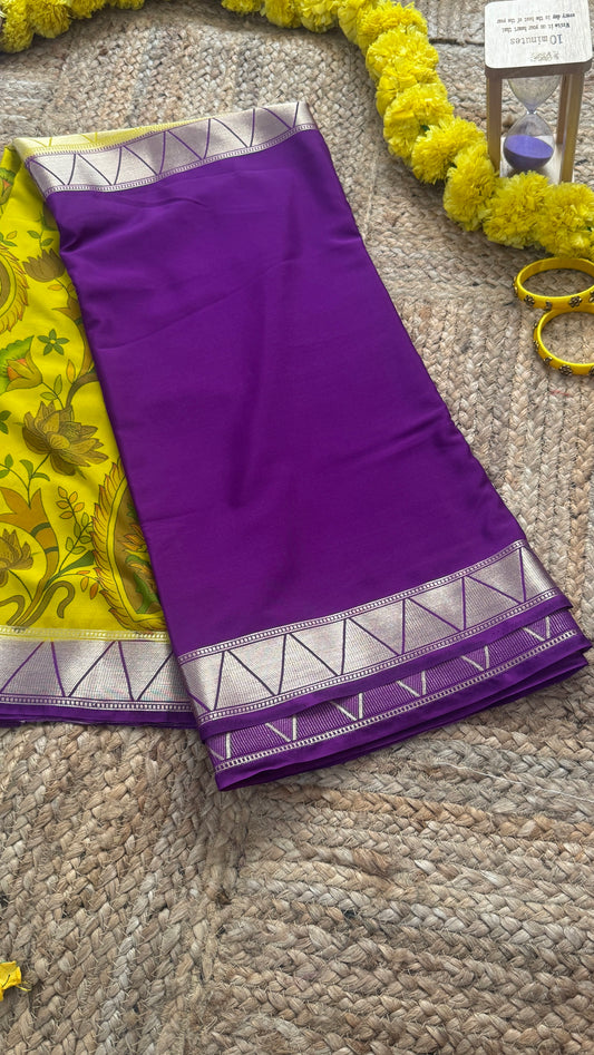 Kalamakari Purple  + Mustard Crepe Silk Saree