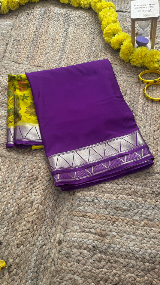 Kalamakari Purple  + Mustard Crepe Silk Saree