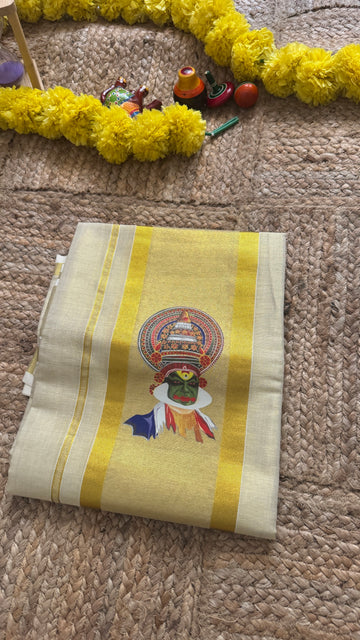 SIRI RADHA | Classic Kerala Kasavu with Gold Border & Kathakali Print