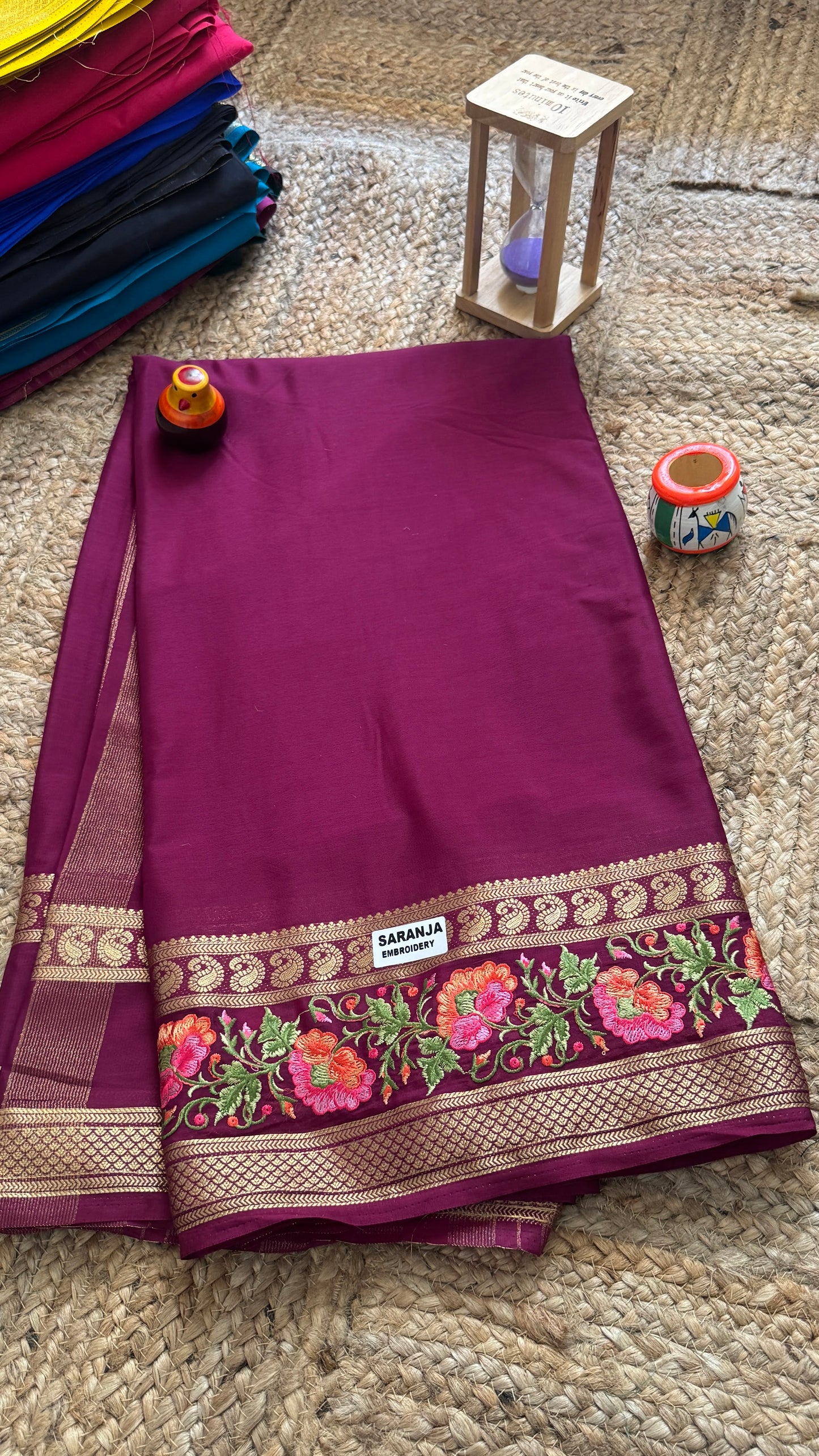 Semi Crepe Silk with Embroidery Floral Print Boarder - Maroon