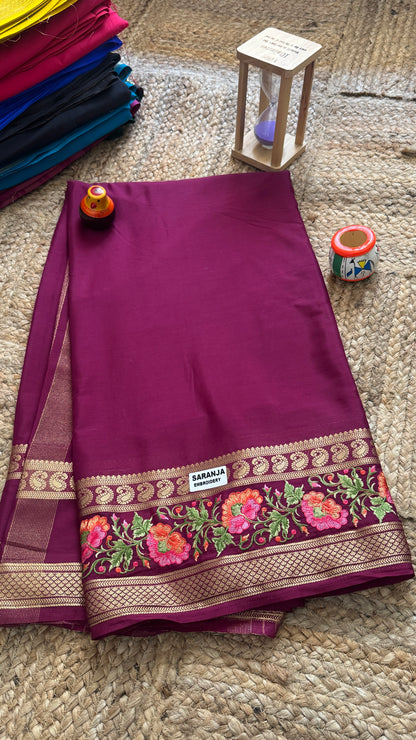 Semi Crepe Silk with Embroidery Floral Print Boarder - Maroon