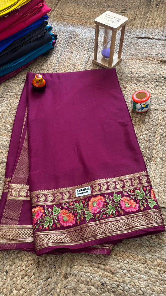 Semi Crepe Silk with Embroidery Floral Print Boarder - Maroon