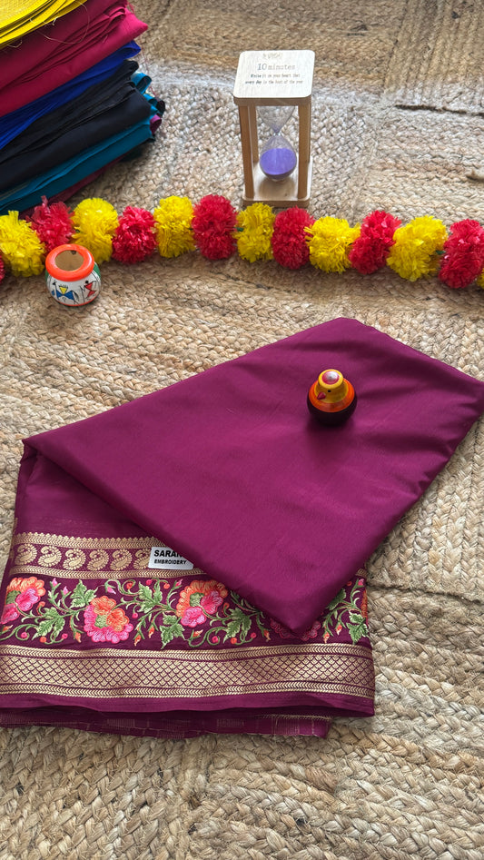 Semi Crepe Silk with Embroidery Floral Print Boarder - Maroon