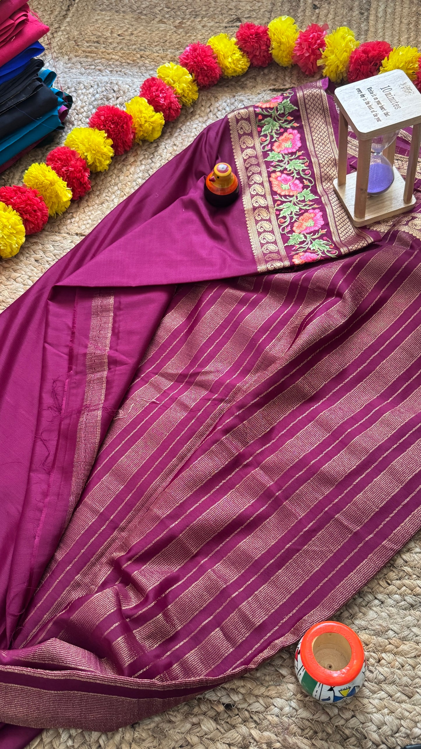 Semi Crepe Silk with Embroidery Floral Print Boarder - Maroon