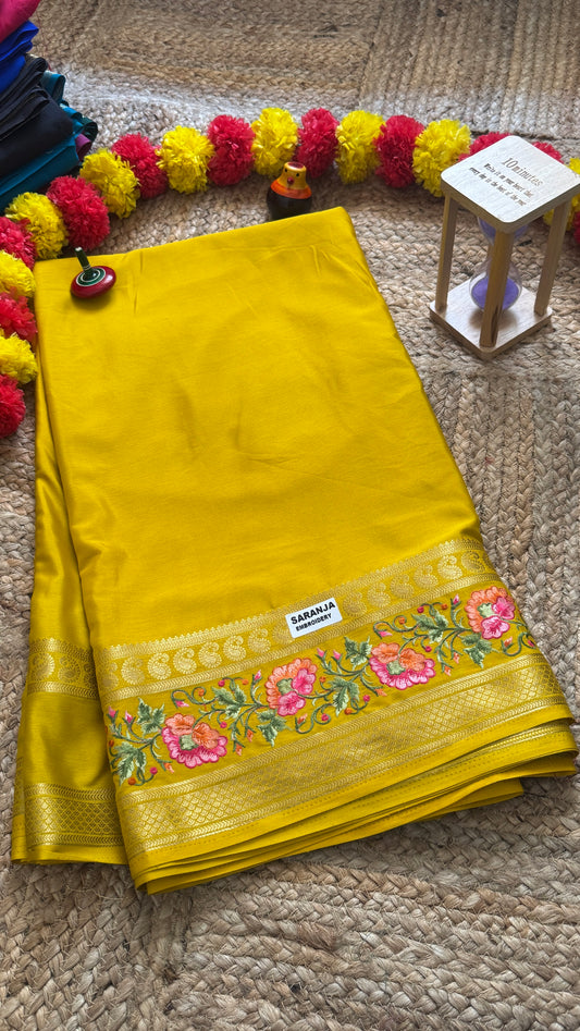 Semi Crepe Silk with Embroidery Floral Print Boarder - Mustard