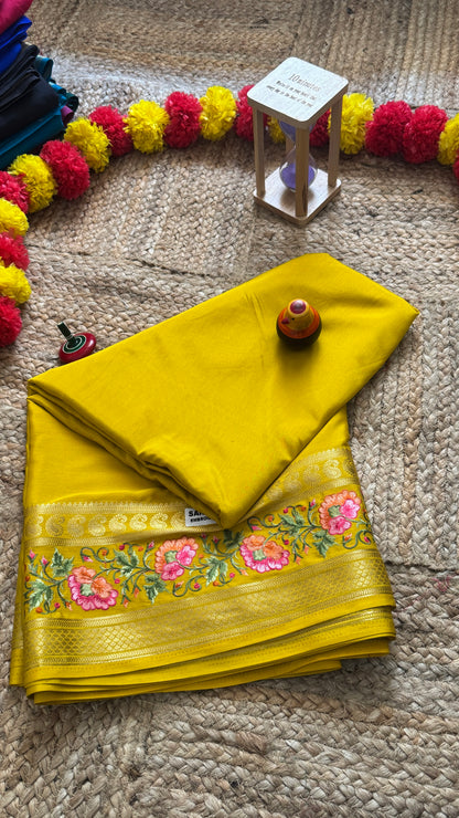 Semi Crepe Silk with Embroidery Floral Print Boarder - Mustard