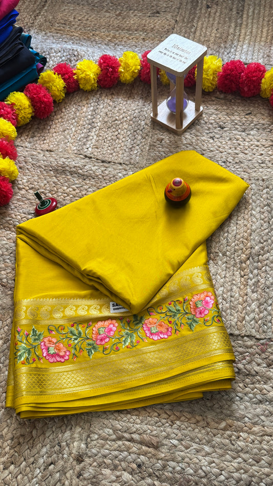 Semi Crepe Silk with Embroidery Floral Print Boarder - Mustard