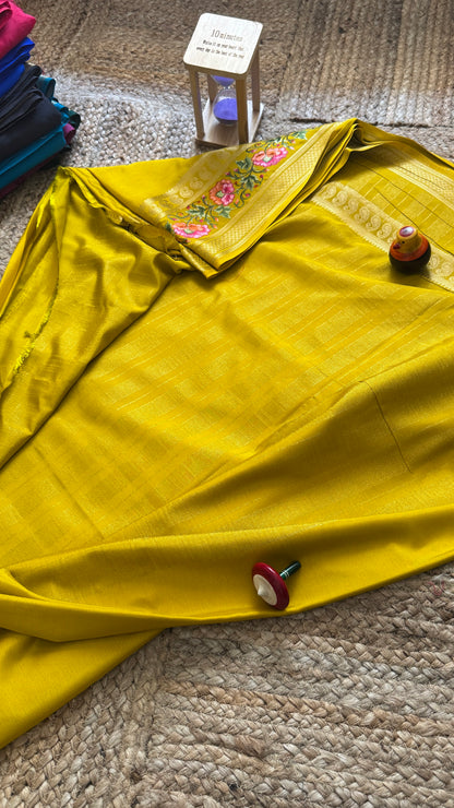 Semi Crepe Silk with Embroidery Floral Print Boarder - Mustard