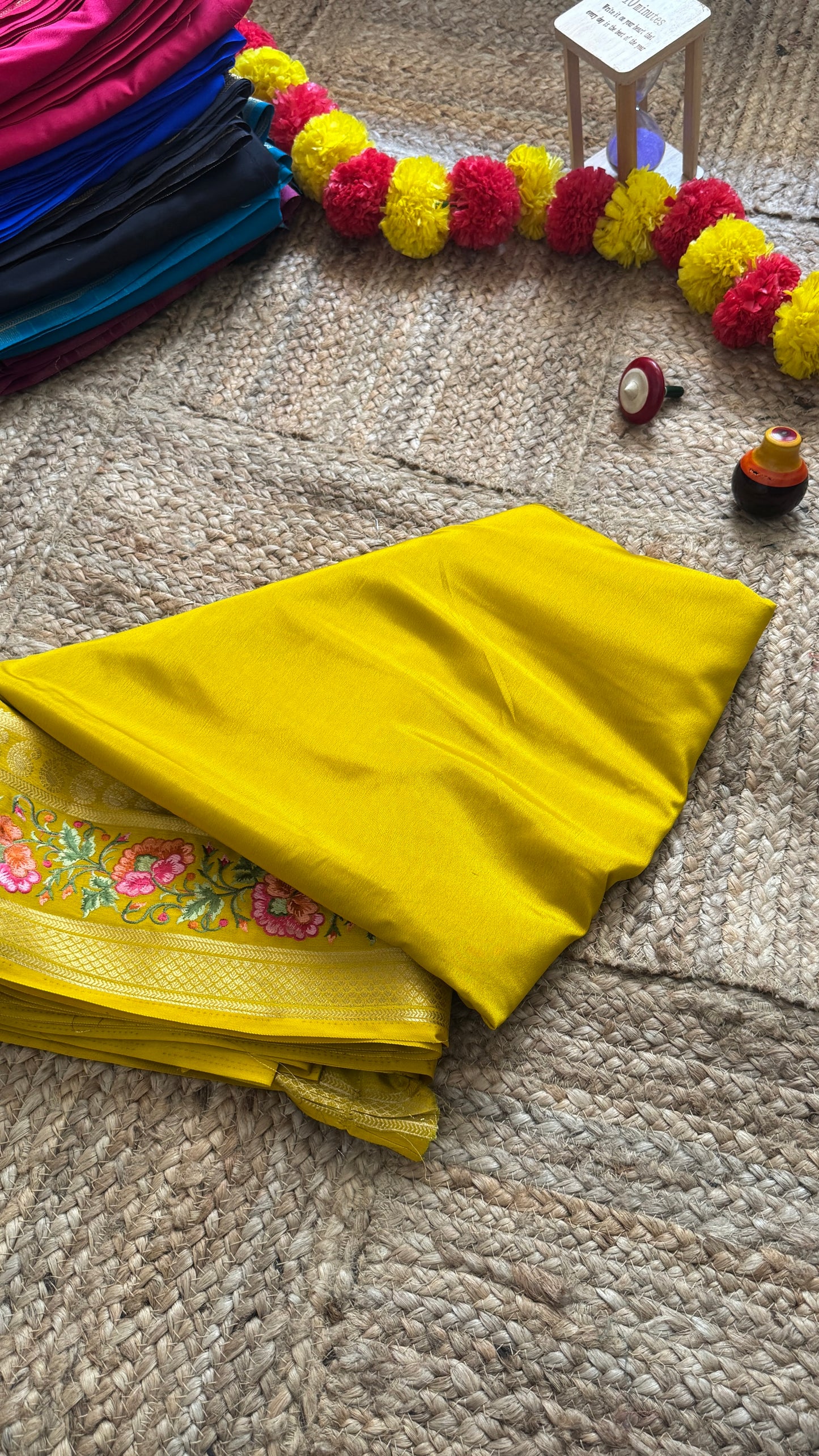 Semi Crepe Silk with Embroidery Floral Print Boarder - Mustard
