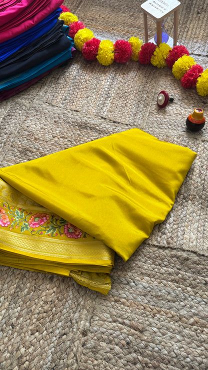 Semi Crepe Silk with Embroidery Floral Print Boarder - Mustard