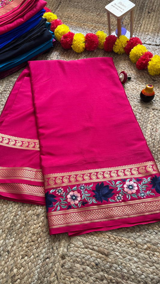 Semi Crepe Silk with Embroidery Floral Print Boarder - Pink