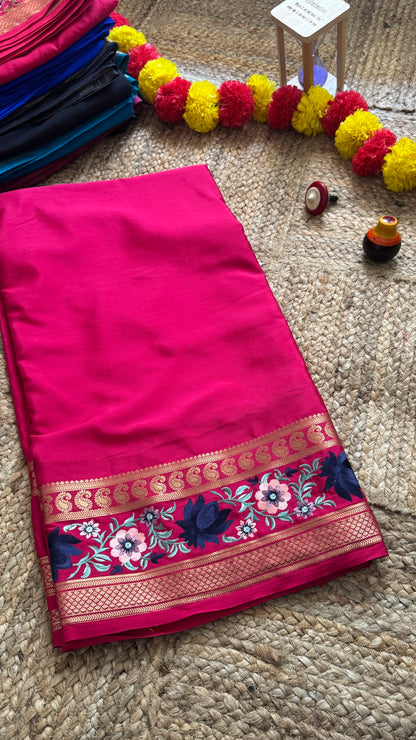 Semi Crepe Silk with Embroidery Floral Print Boarder - Pink