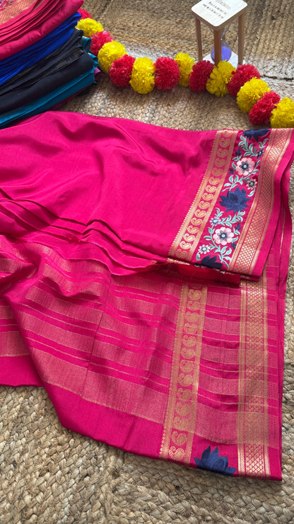 Semi Crepe Silk with Embroidery Floral Print Boarder - Pink