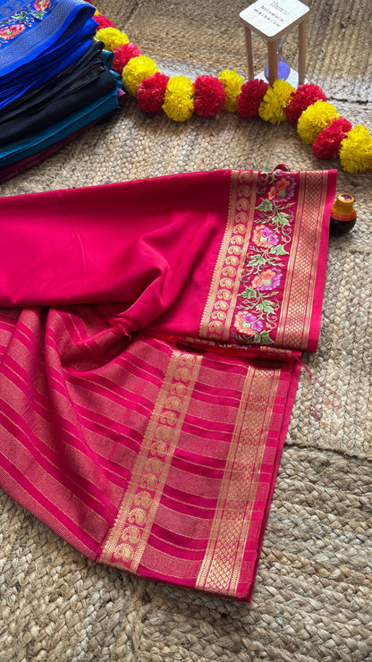 Semi Crepe Silk with Embroidery Floral Print Boarder - Pink