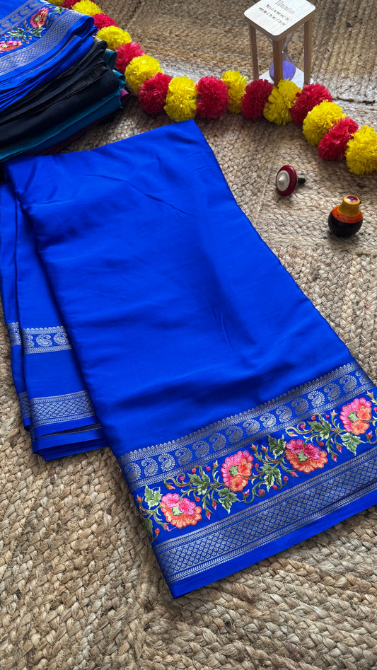 Semi Crepe Silk with Embroidery Floral Print Boarder - Royal Blue