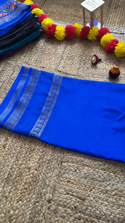 Semi Crepe Silk with Embroidery Floral Print Boarder - Royal Blue