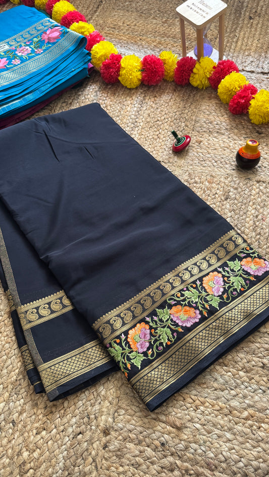 Semi Crepe Silk with Embroidery Floral Print Boarder - Black