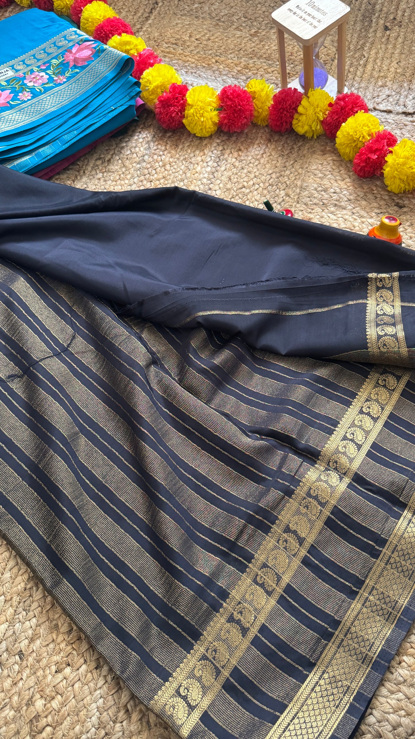 Semi Crepe Silk with Embroidery Floral Print Boarder - Black