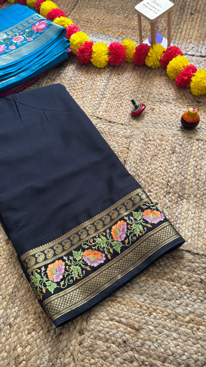Semi Crepe Silk with Embroidery Floral Print Boarder - Black