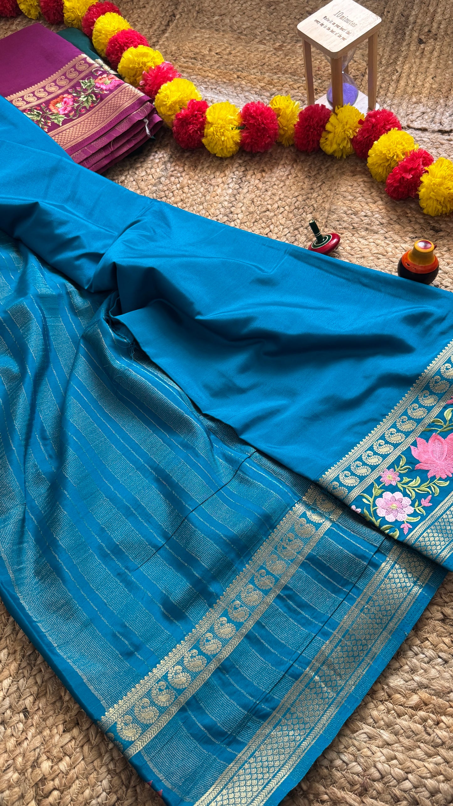 Semi Crepe Silk with Embroidery Floral Print Boarder - Navy Blue