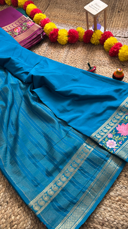 Semi Crepe Silk with Embroidery Floral Print Boarder - Navy Blue