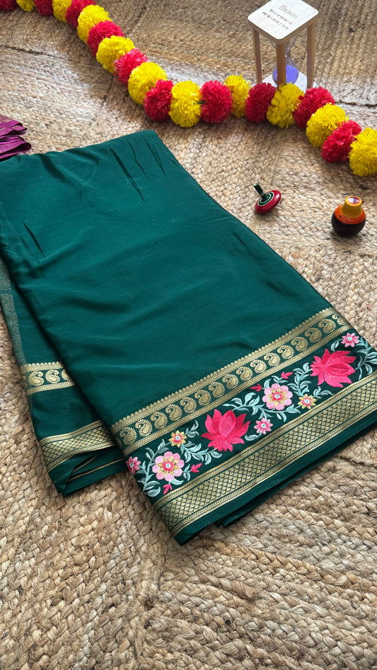 Semi Crepe Silk with Embroidery Floral Print Boarder - Dark Green