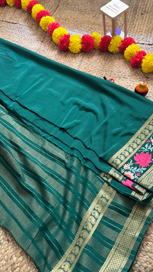 Semi Crepe Silk with Embroidery Floral Print Boarder - Dark Green