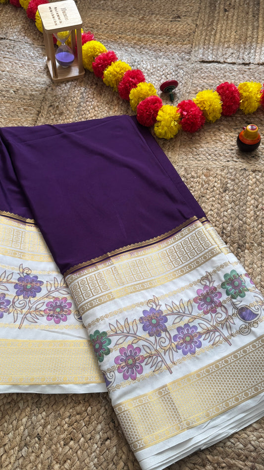 Semi Crepe Silk with Kalamkari Floral Print Boarder -Purple & White