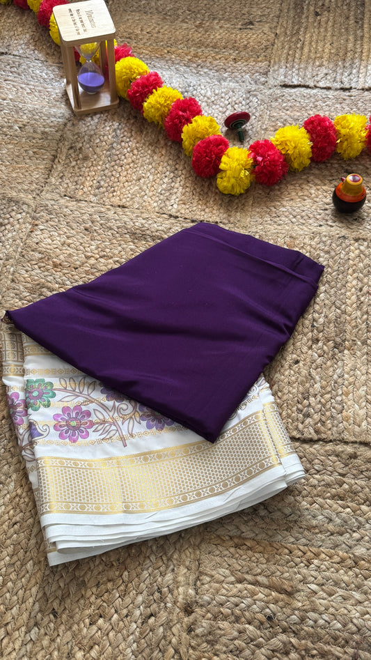 Semi Crepe Silk with Kalamkari Floral Print Boarder -Purple & White