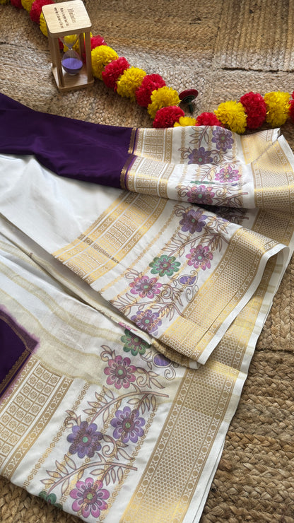 Semi Crepe Silk with Kalamkari Floral Print Boarder -Purple & White