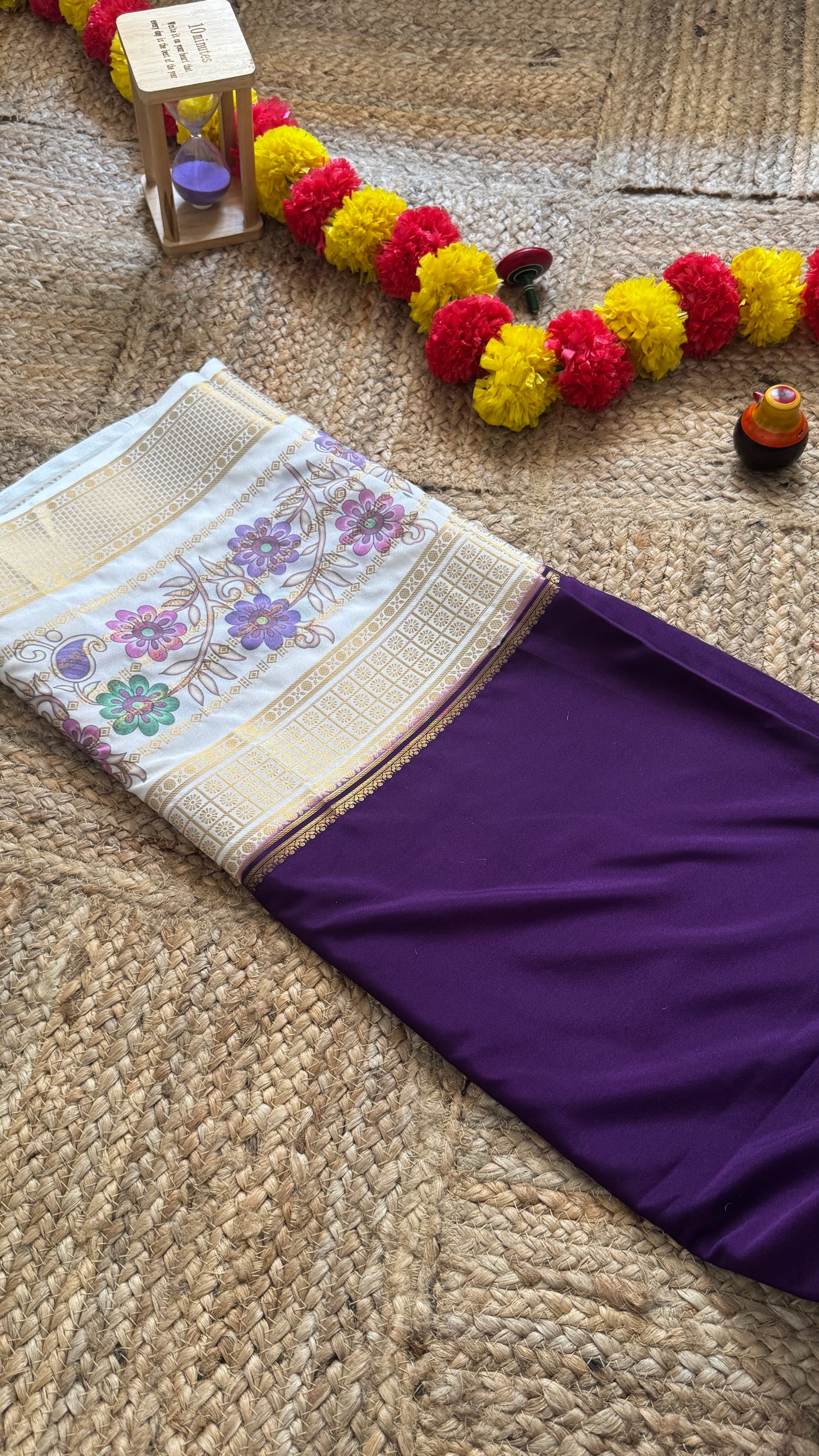 Semi Crepe Silk with Kalamkari Floral Print Boarder -Purple & White
