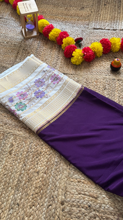Semi Crepe Silk with Kalamkari Floral Print Boarder -Purple & White